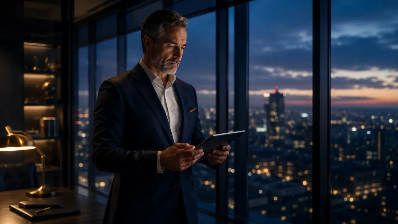Directeur digital à temps partagé consultant la stratégie d'une PME sur tablette, bureau moderne