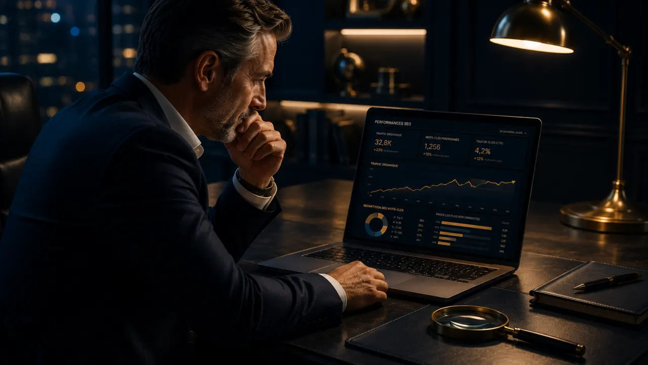 Dirigeant de PME analysant un tableau de bord SEO de performance organique